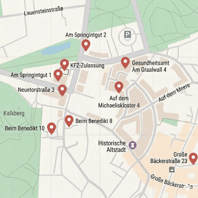 Kartenausschnitt von den verschiedenen Standorten des Landkreises Lüneburg rund um das Michaeliskloster, wie der Standort der KFZ-Zulassung.